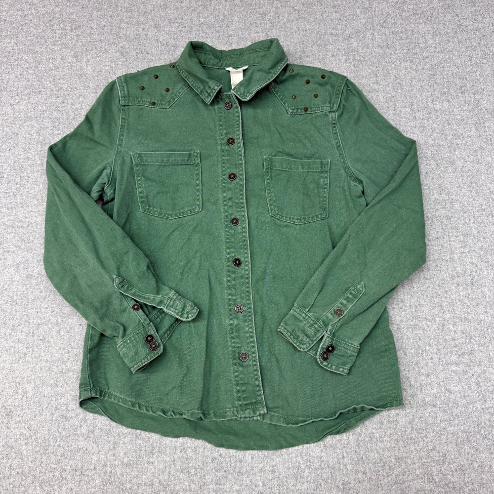 Forever 21 Button Down Shirt Small Green Studded Western Long Sleeve Twill Top